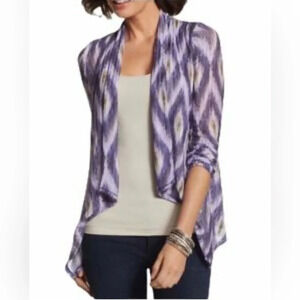Chicos Open Cardigan Sweater Womens Large Purple Ikat Print Mesh